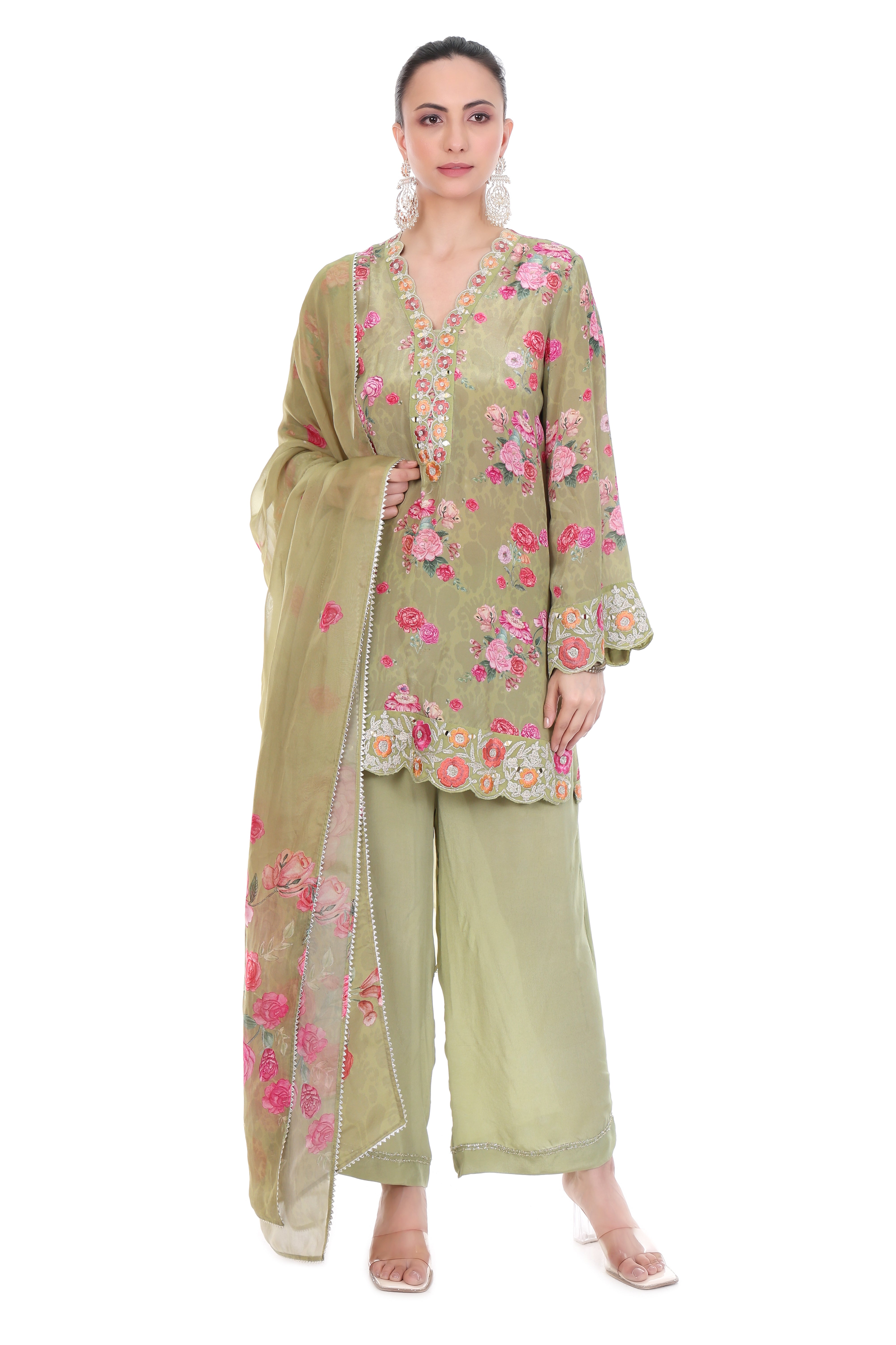 Green Embroiderd Floral Short Kurta Set