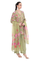 Green Embroiderd Floral Short Kurta Set