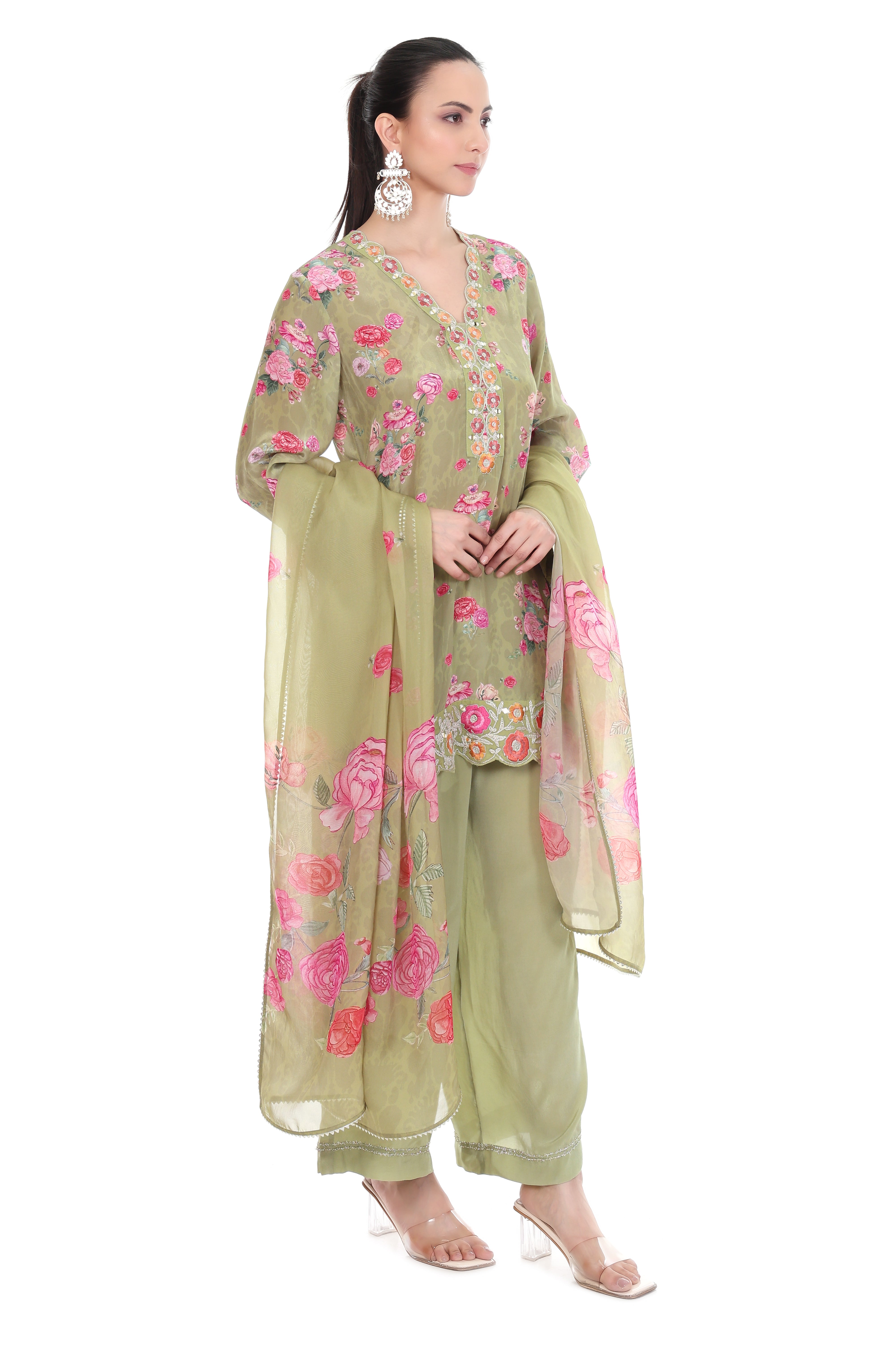 Green Embroiderd Floral Short Kurta Set