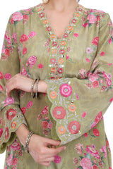 Green Embroiderd Floral Short Kurta Set