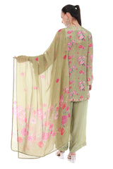Green Embroiderd Floral Short Kurta Set