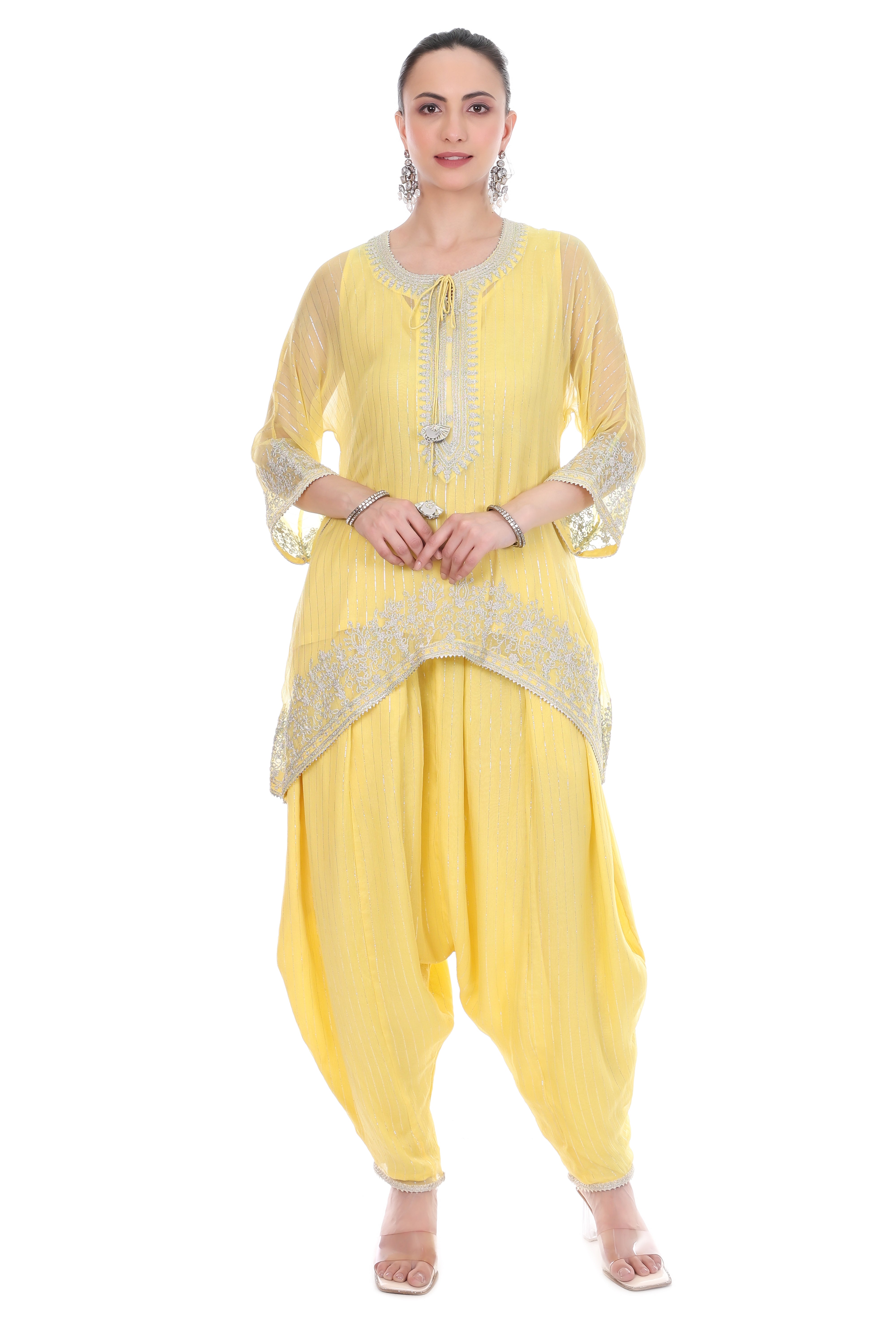 Yellow Embroidered High Low Kaftaan with Heram Pants