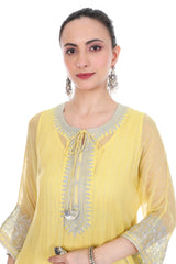 Yellow Embroidered High Low Kaftaan with Heram Pants