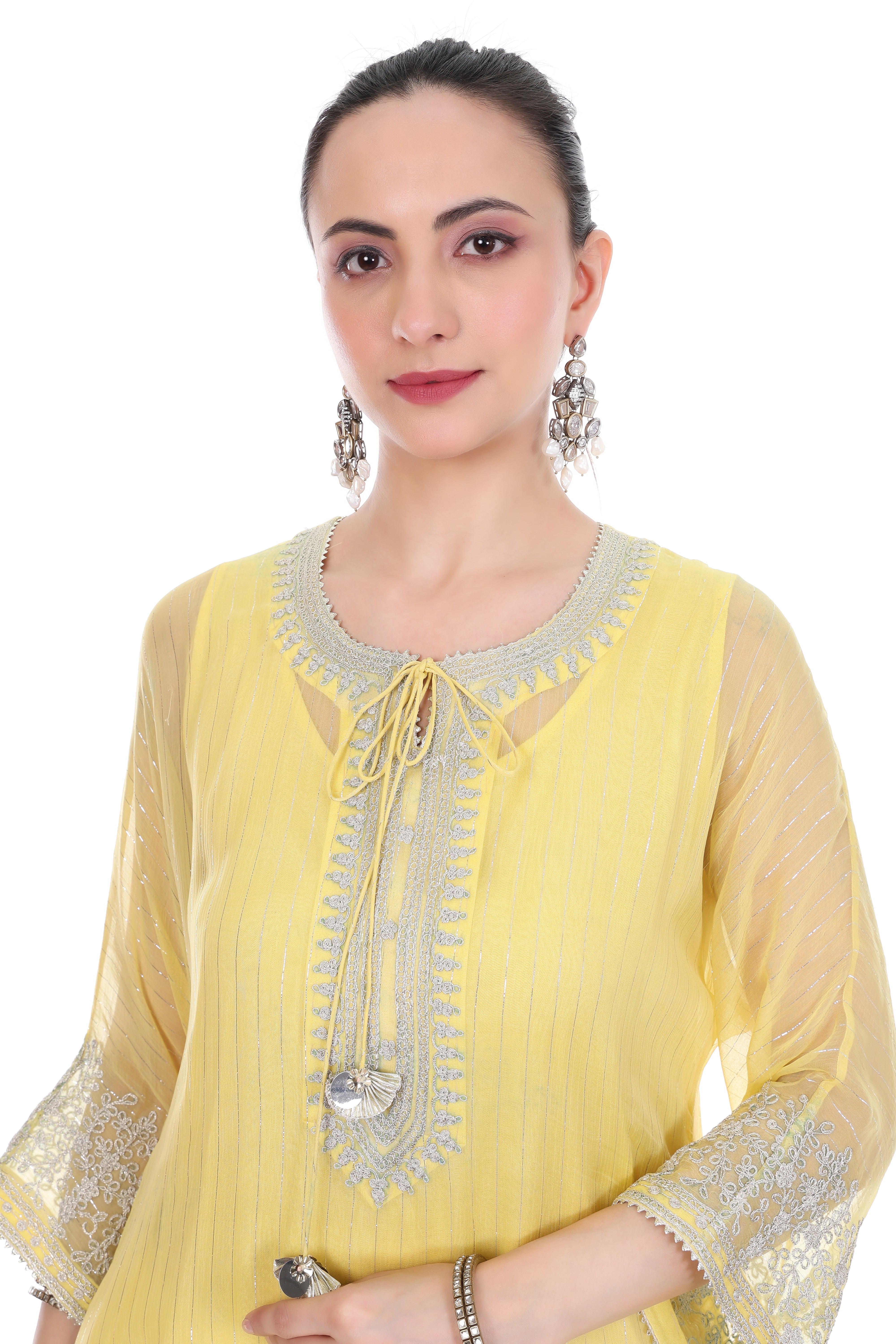 Yellow Embroidered High Low Kaftaan with Heram Pants