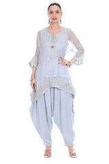Blue Embroidered High Low Kaftaan with Heram Pants