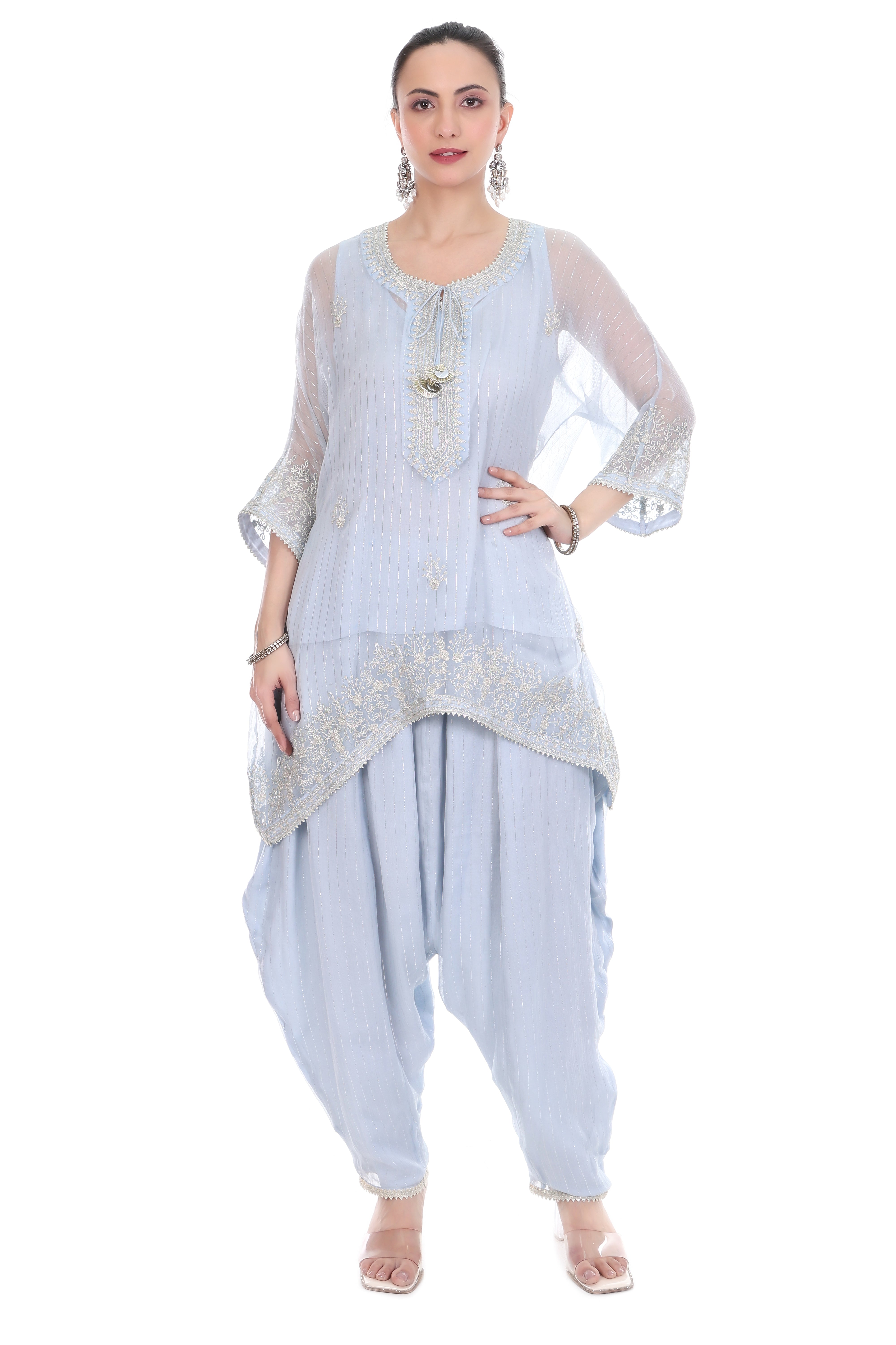 Blue Embroidered High Low Kaftaan with Heram Pants
