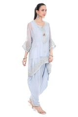 Blue Embroidered High Low Kaftaan with Heram Pants