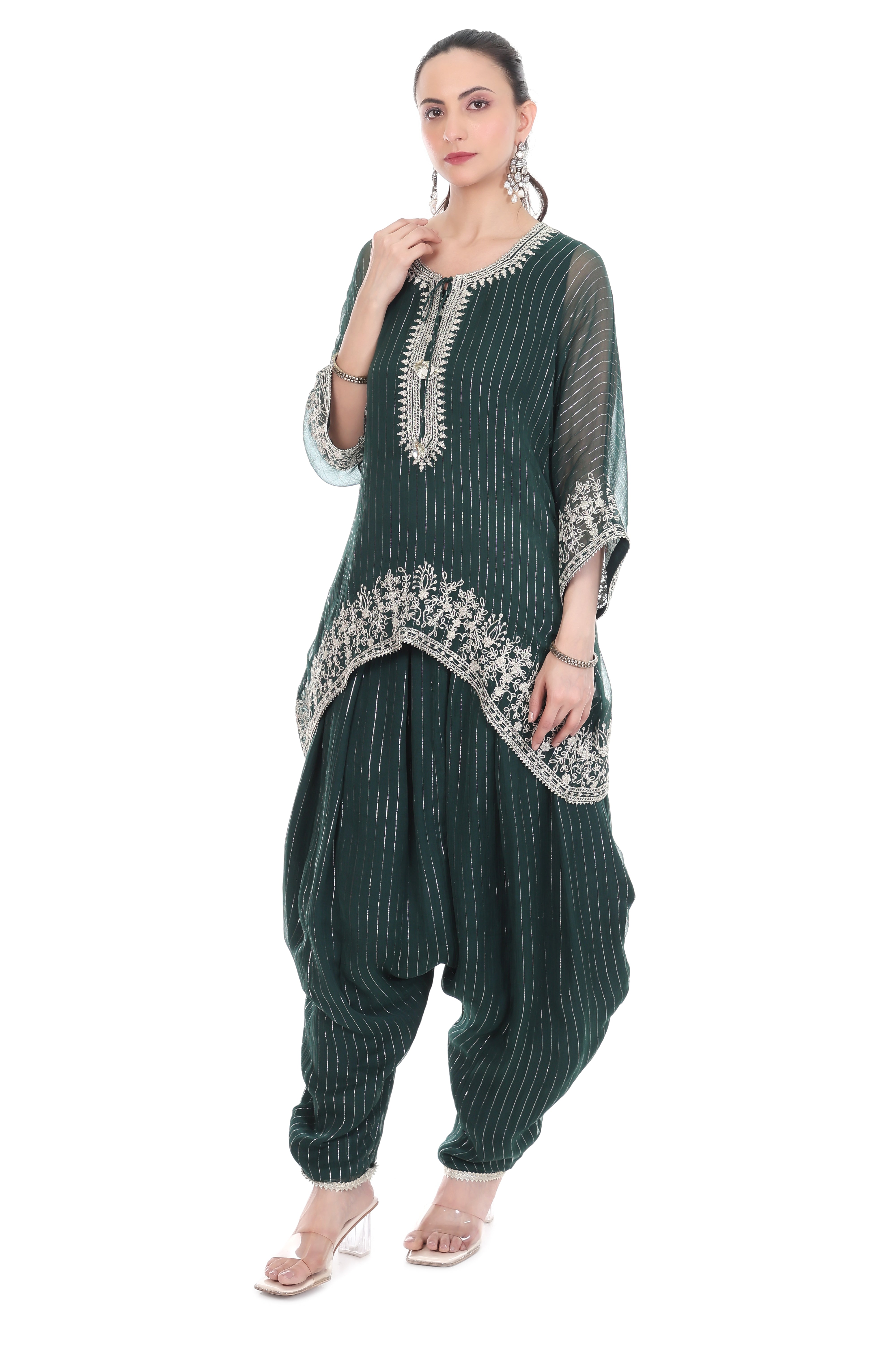 Green Embroidered High Low Kaftaan with Heram Pants
