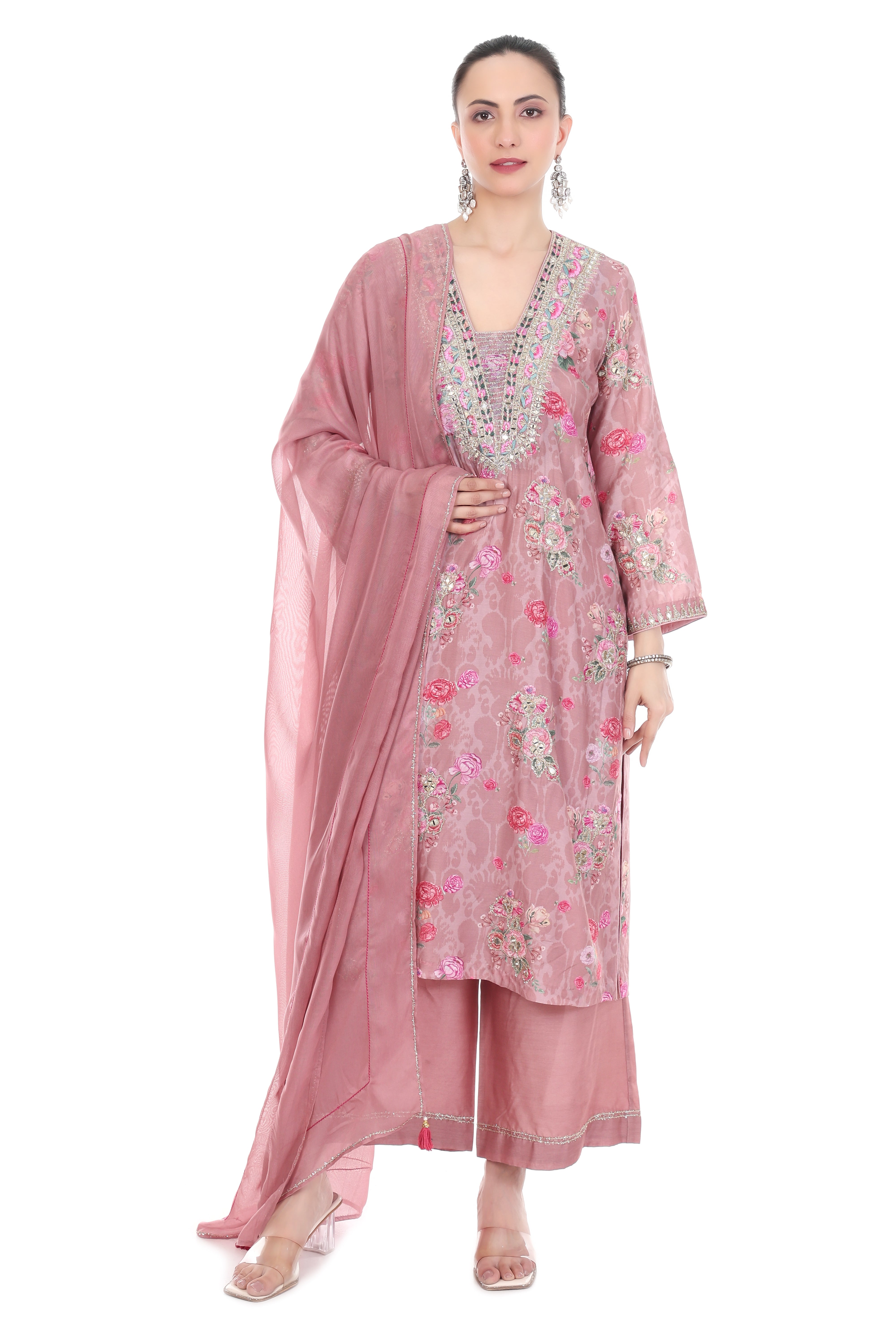 Pink Embroidered Floral Printed Kurta Set