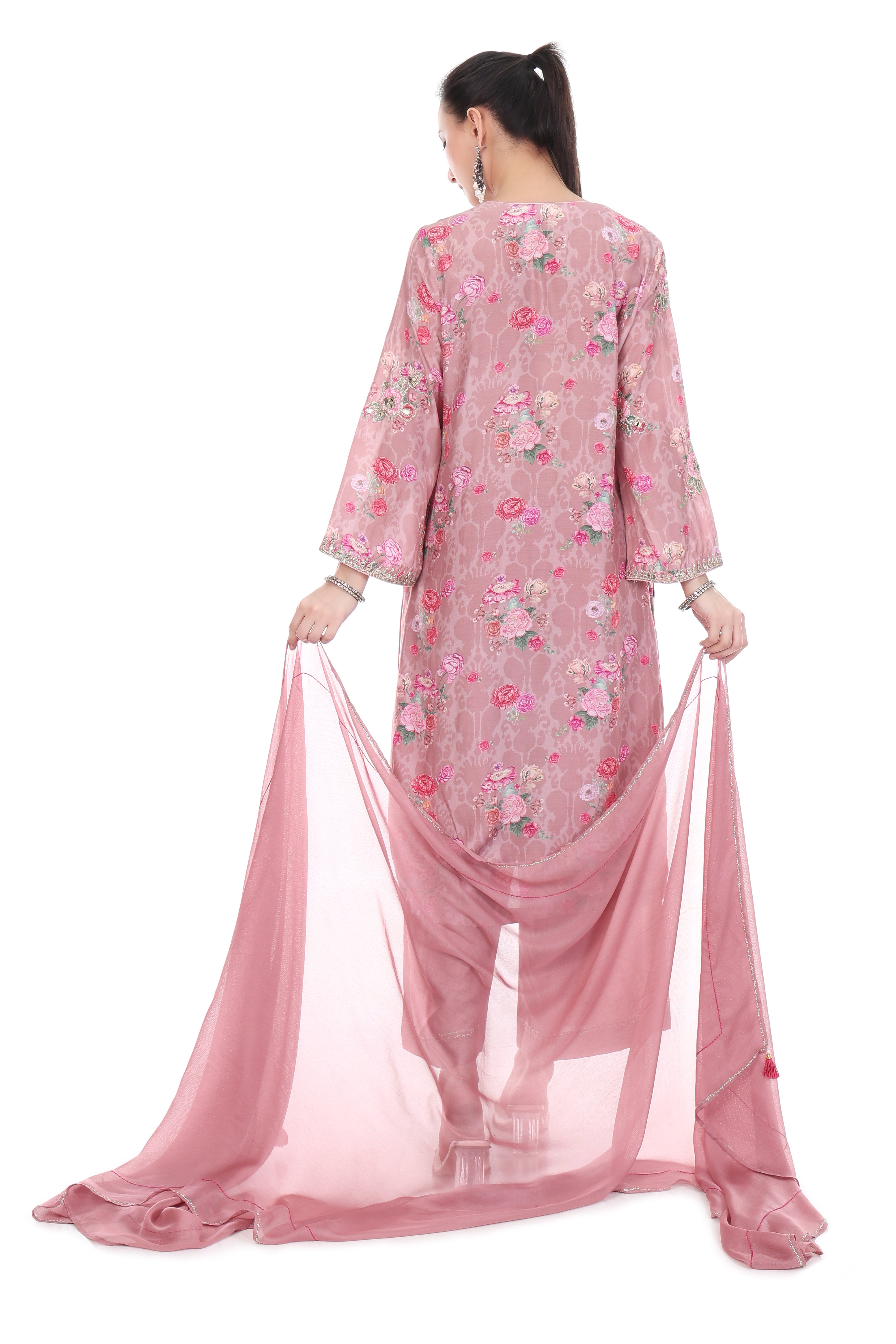 Pink Embroidered Floral Printed Kurta Set