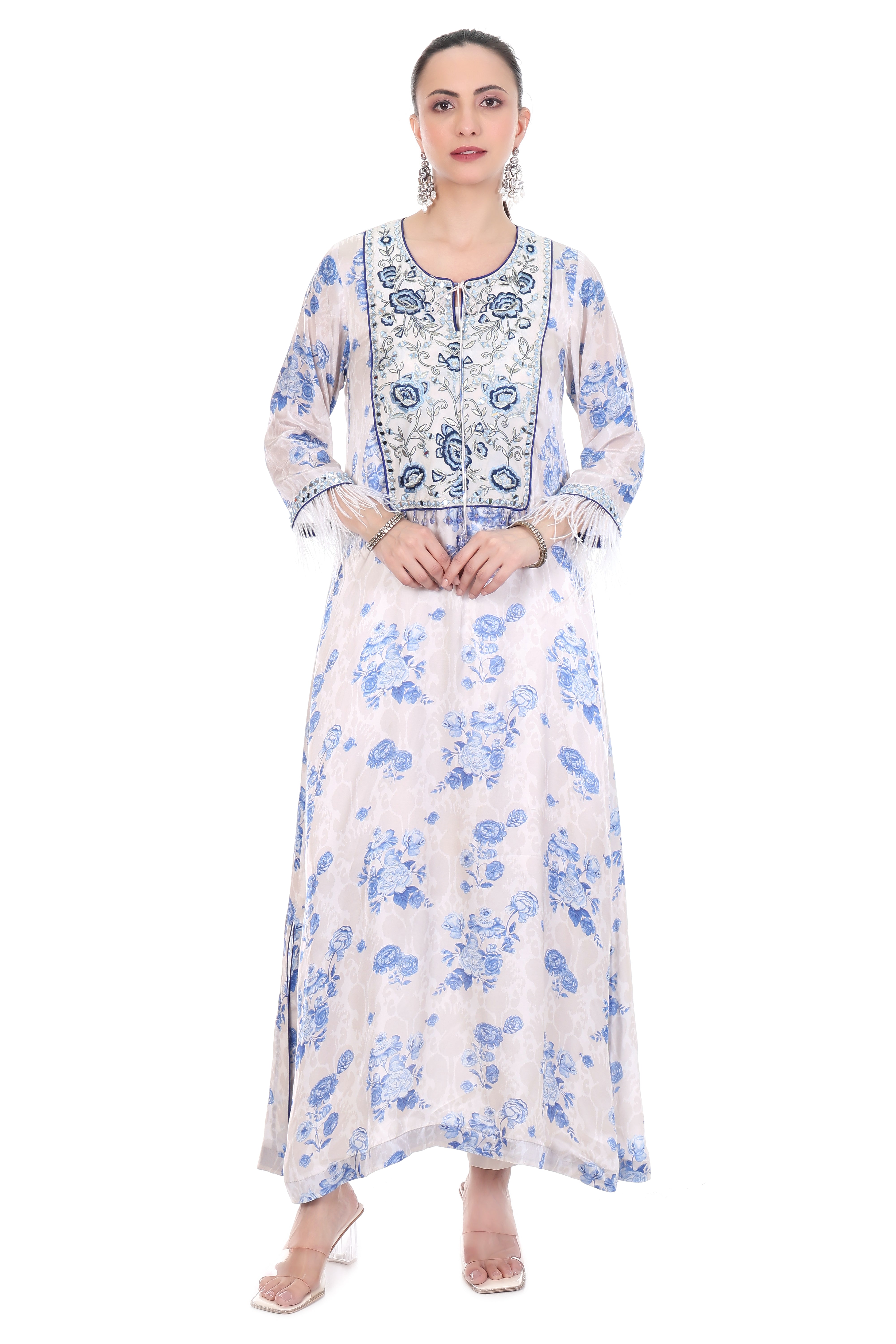 Blue White Floral Printed Embroidered Kaftaan with Pants Set