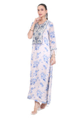 Blue White Floral Printed Embroidered Kaftaan with Pants Set