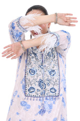 Blue White Floral Printed Embroidered Kaftaan with Pants Set