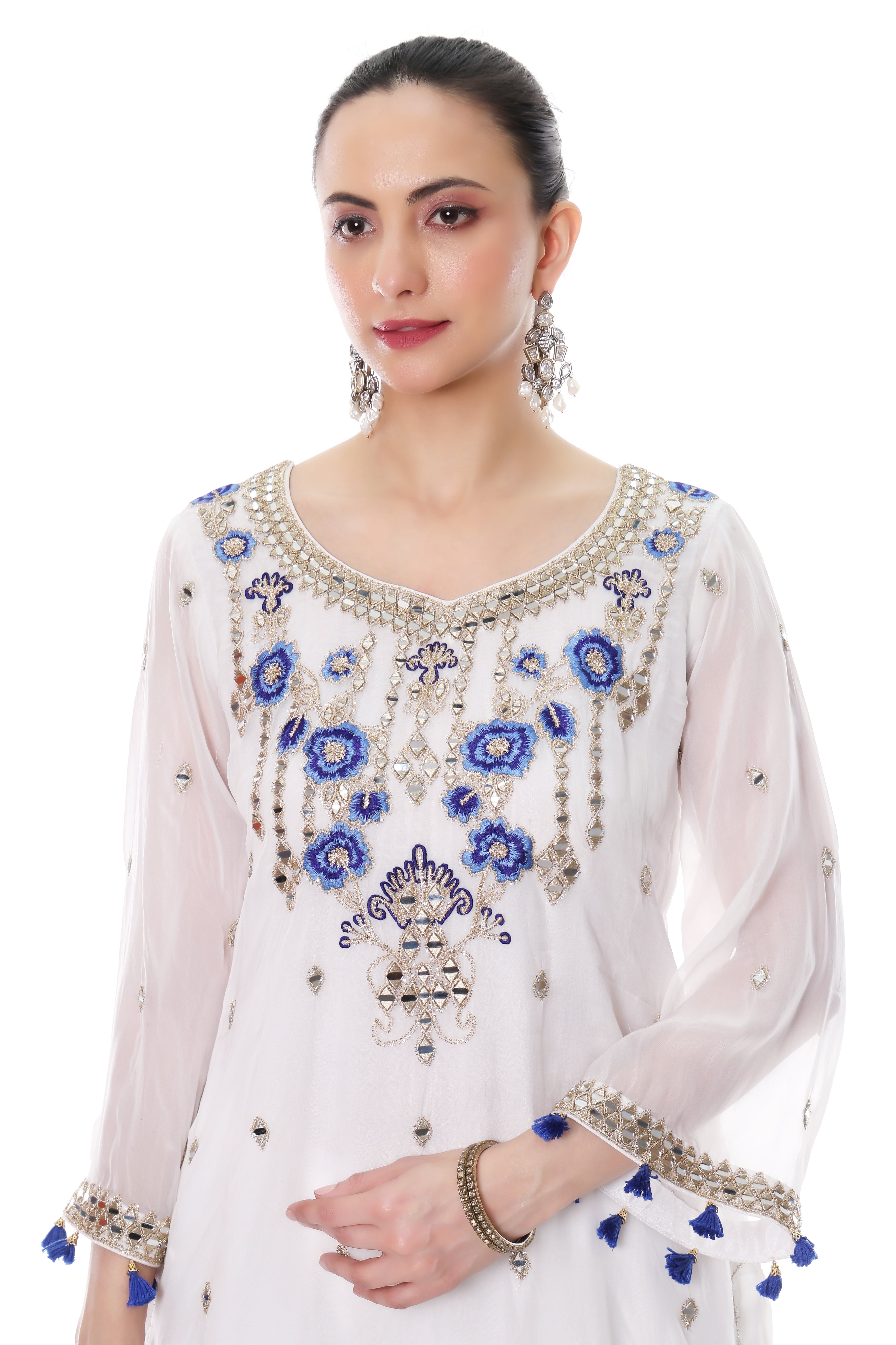 White Short Kurta Mirror Embroidered Sharara & Printed Dupatta