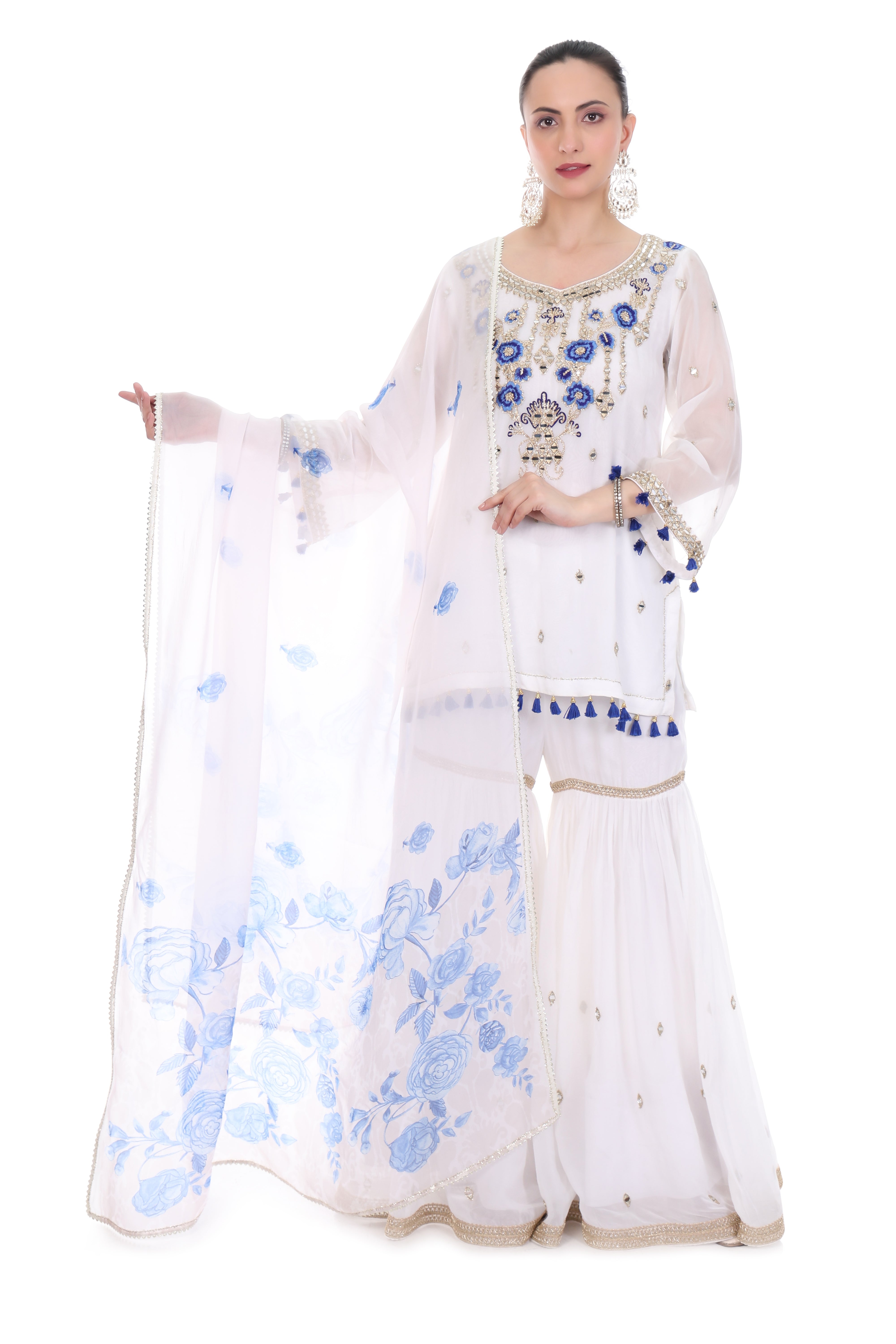 White Short Kurta Mirror Embroidered Sharara & Printed Dupatta