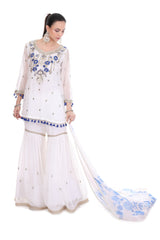 White Short Kurta Mirror Embroidered Sharara & Printed Dupatta