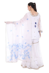 White Short Kurta Mirror Embroidered Sharara & Printed Dupatta