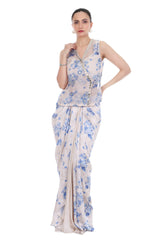 Blue White Sleeveless Jacket with Bustier & Drape Skirt