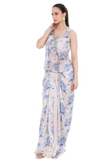 Blue White Sleeveless Jacket with Bustier & Drape Skirt