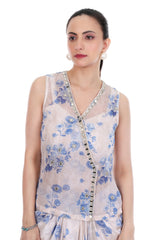 Blue White Sleeveless Jacket with Bustier & Drape Skirt