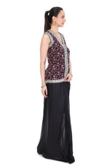 Black Mirror Embroidered Floral Print Jacket with Drape Skirt