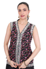 Black Mirror Embroidered Floral Print Jacket with Drape Skirt