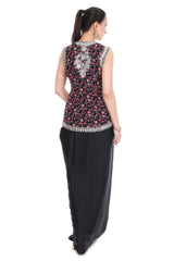 Black Mirror Embroidered Floral Print Jacket with Drape Skirt