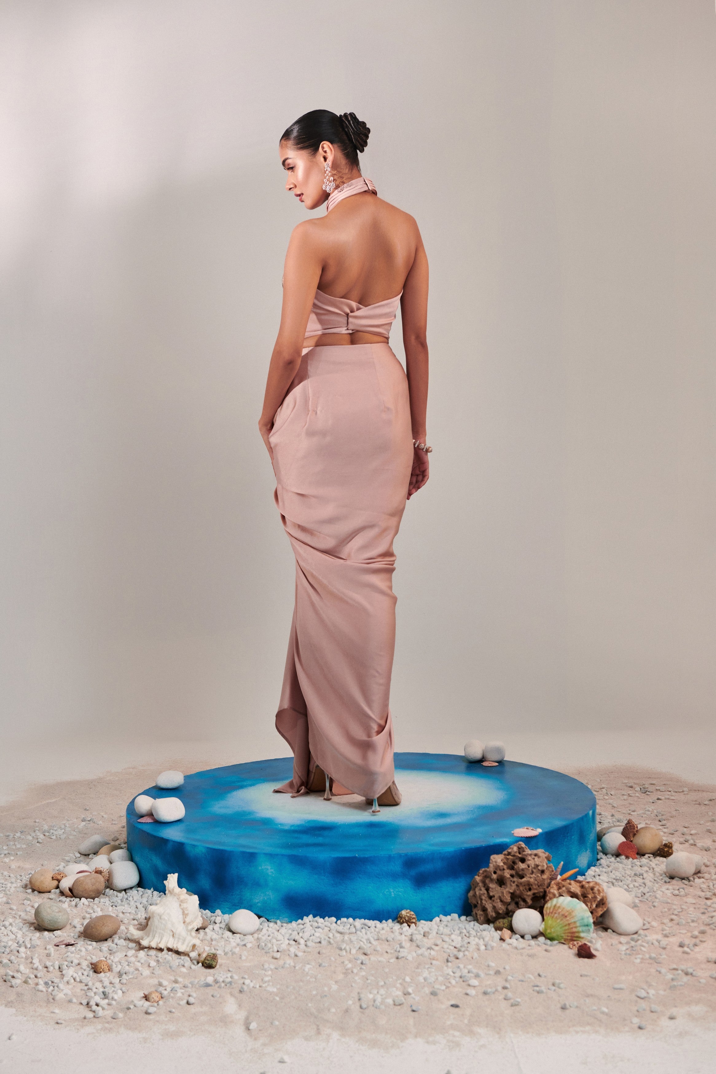 Nudish pink drape skirt and halter neck top set