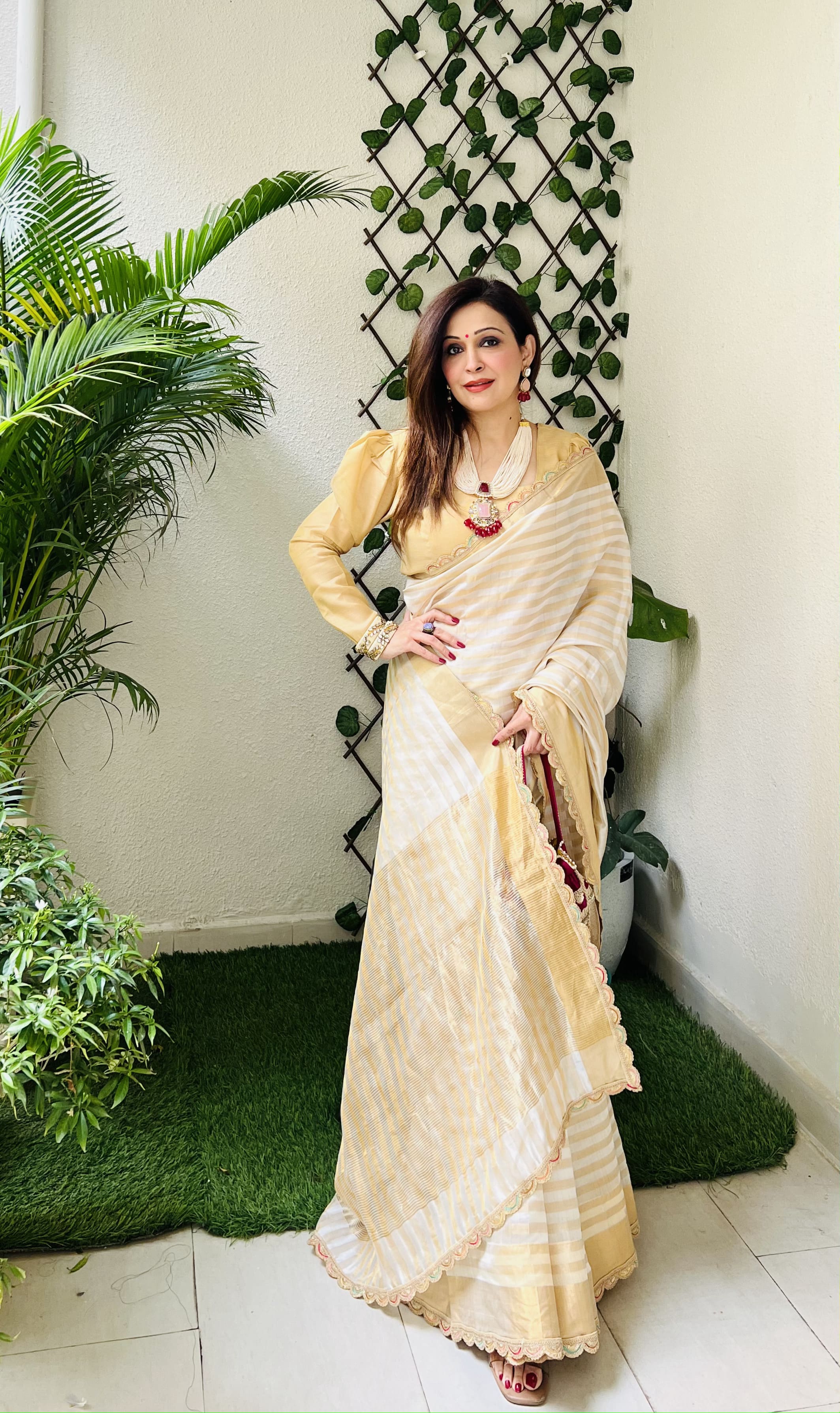 Cream Zari toned Pure Chanderi Silk Lining Saree