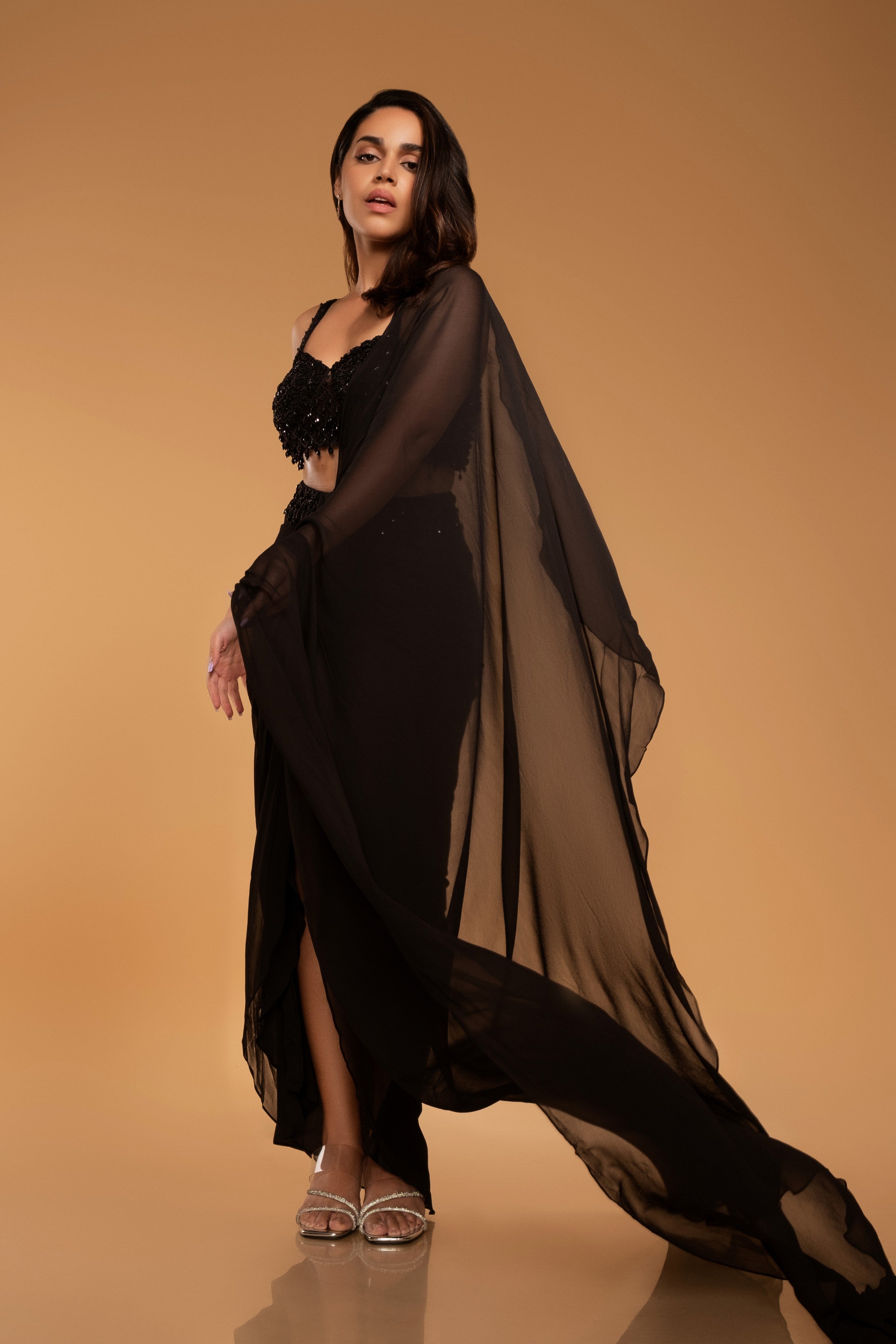 Black georgette saree with hand embroidered blouse
