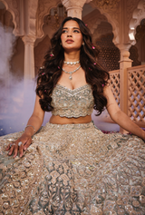 Dusty firoza velvet embroidered lehenga