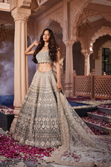Dusty firoza velvet embroidered lehenga