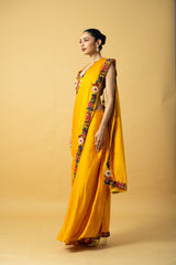 Golden Yellow Satin Saree with 3D Hand Embroidery