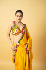 Golden Yellow Satin Saree with 3D Hand Embroidery