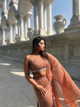 Beige embroidered fishtil lehenga with drape dupatta
