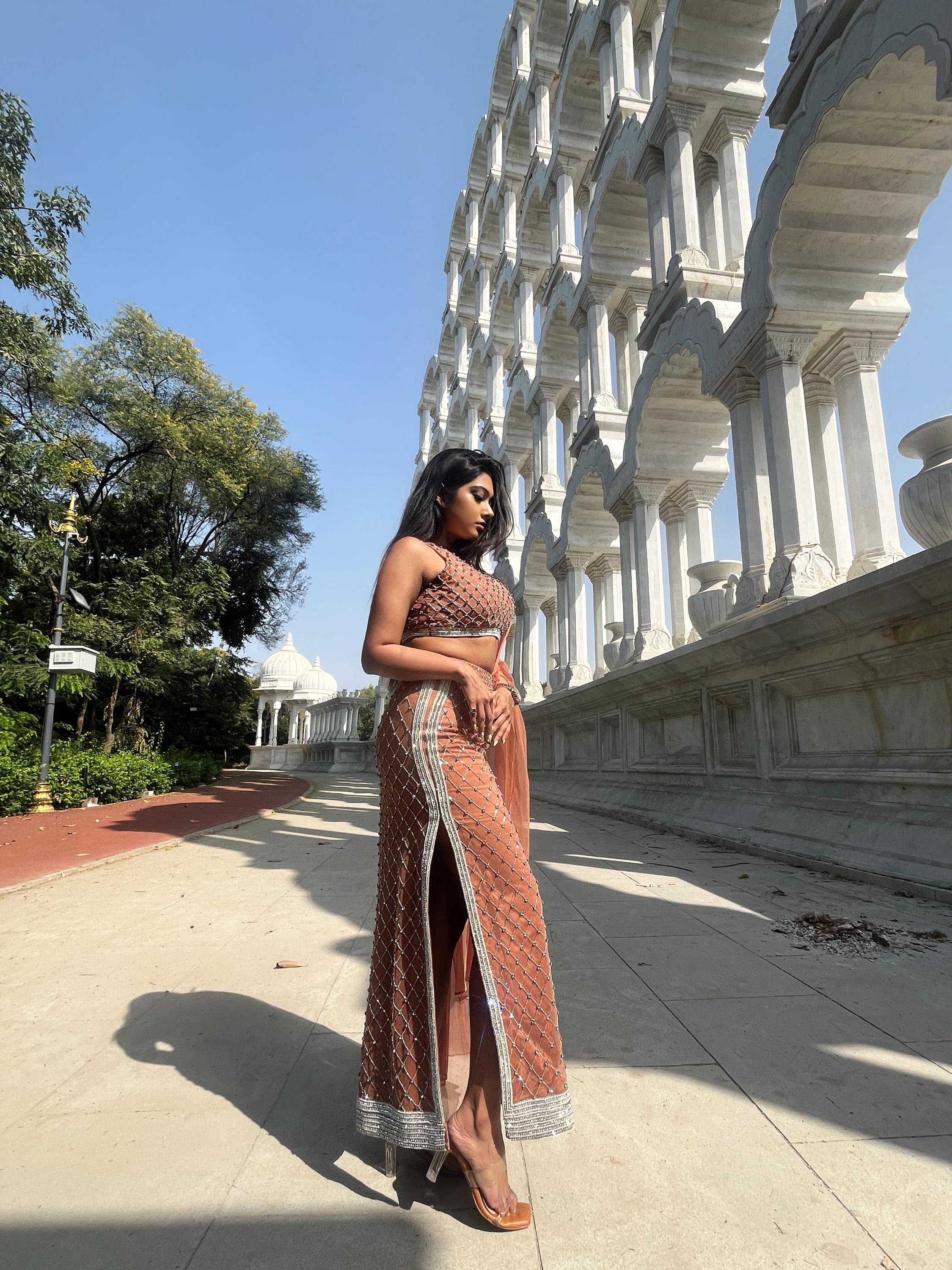 Beige embroidered fishtil lehenga with drape dupatta