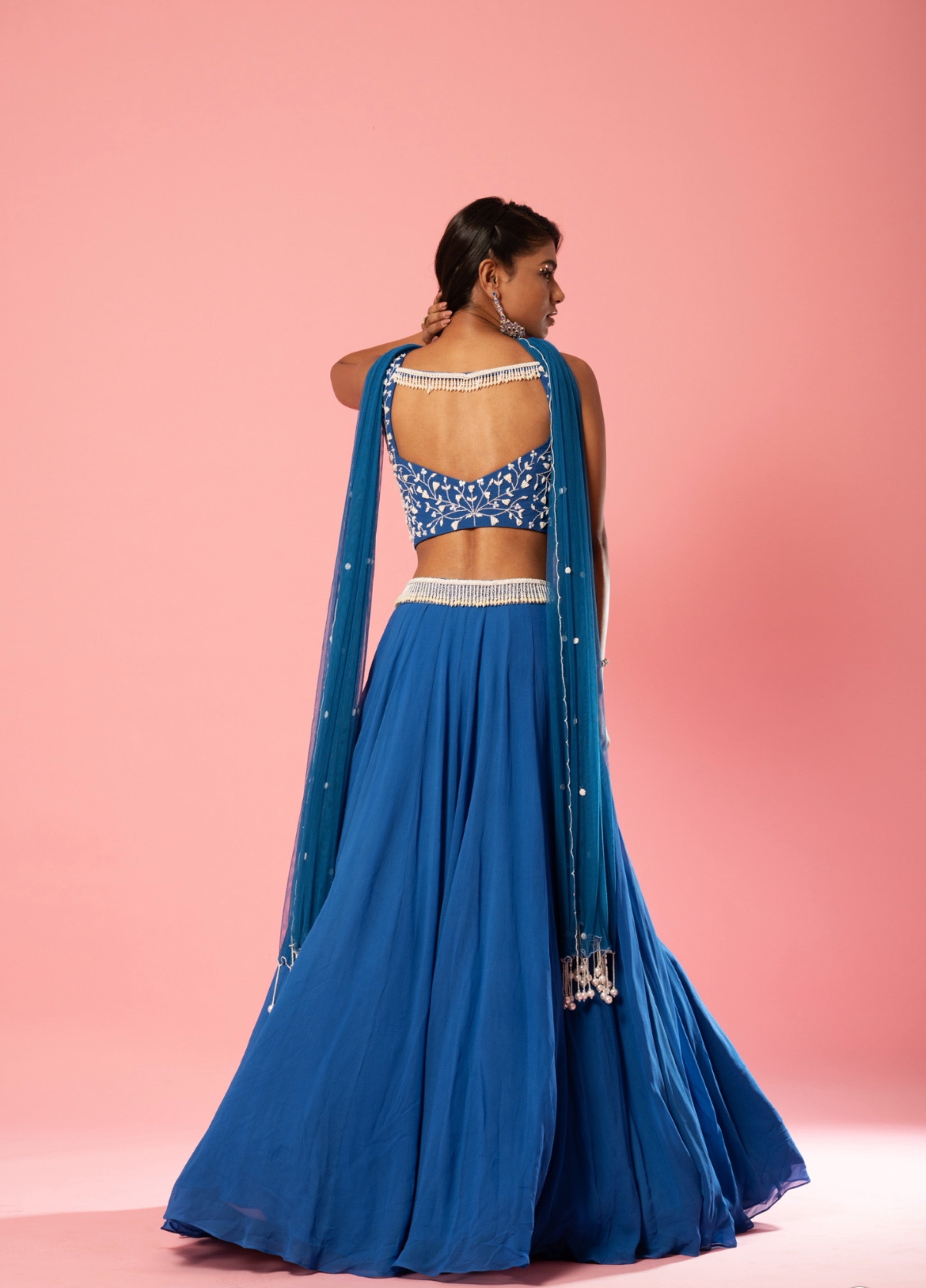 Blue pearl work lehenga with choker style dupatta