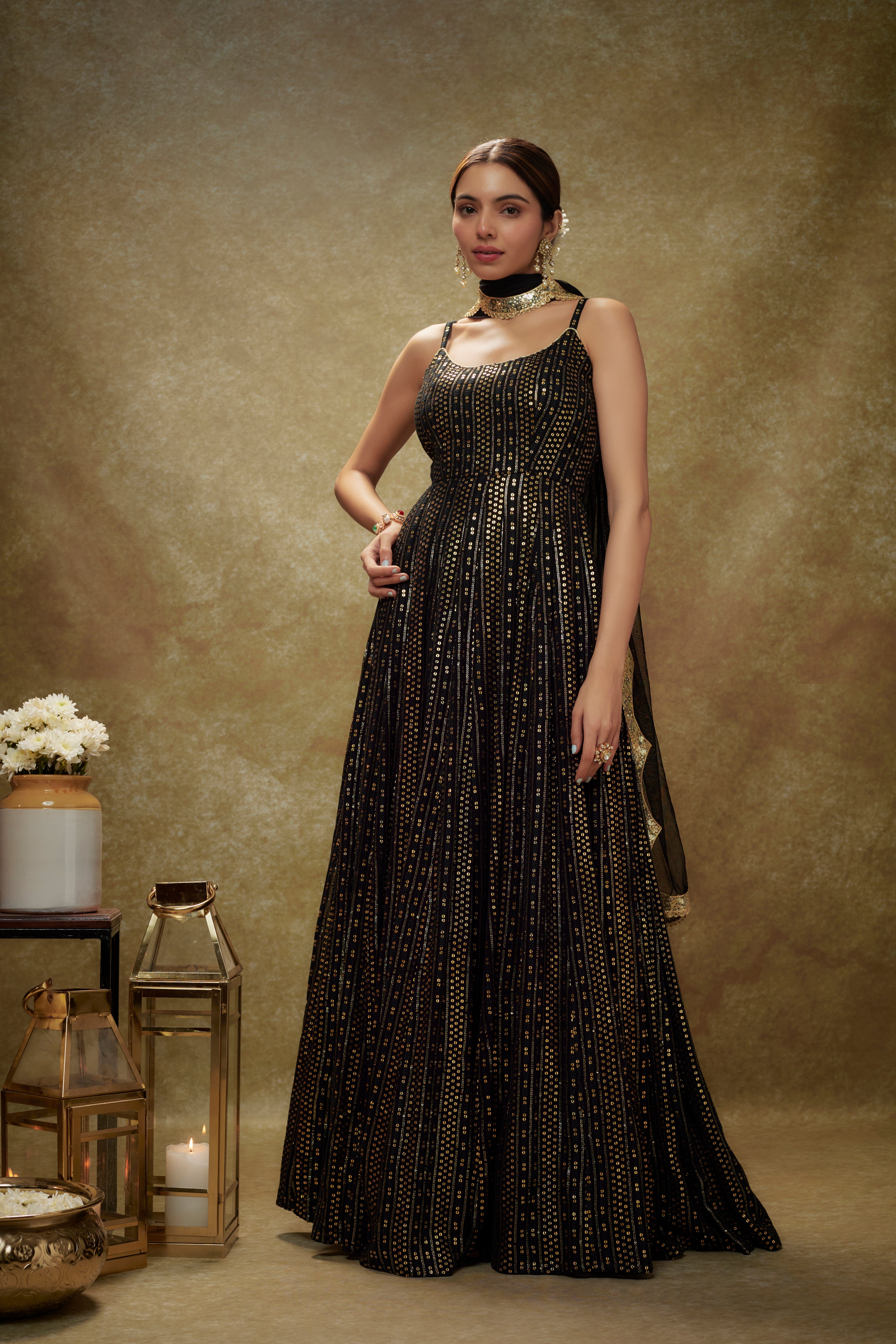 Black & gold sequin anarkali gown