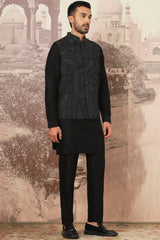 Black Linen Kantha Embroidered Kurta Bundi Set