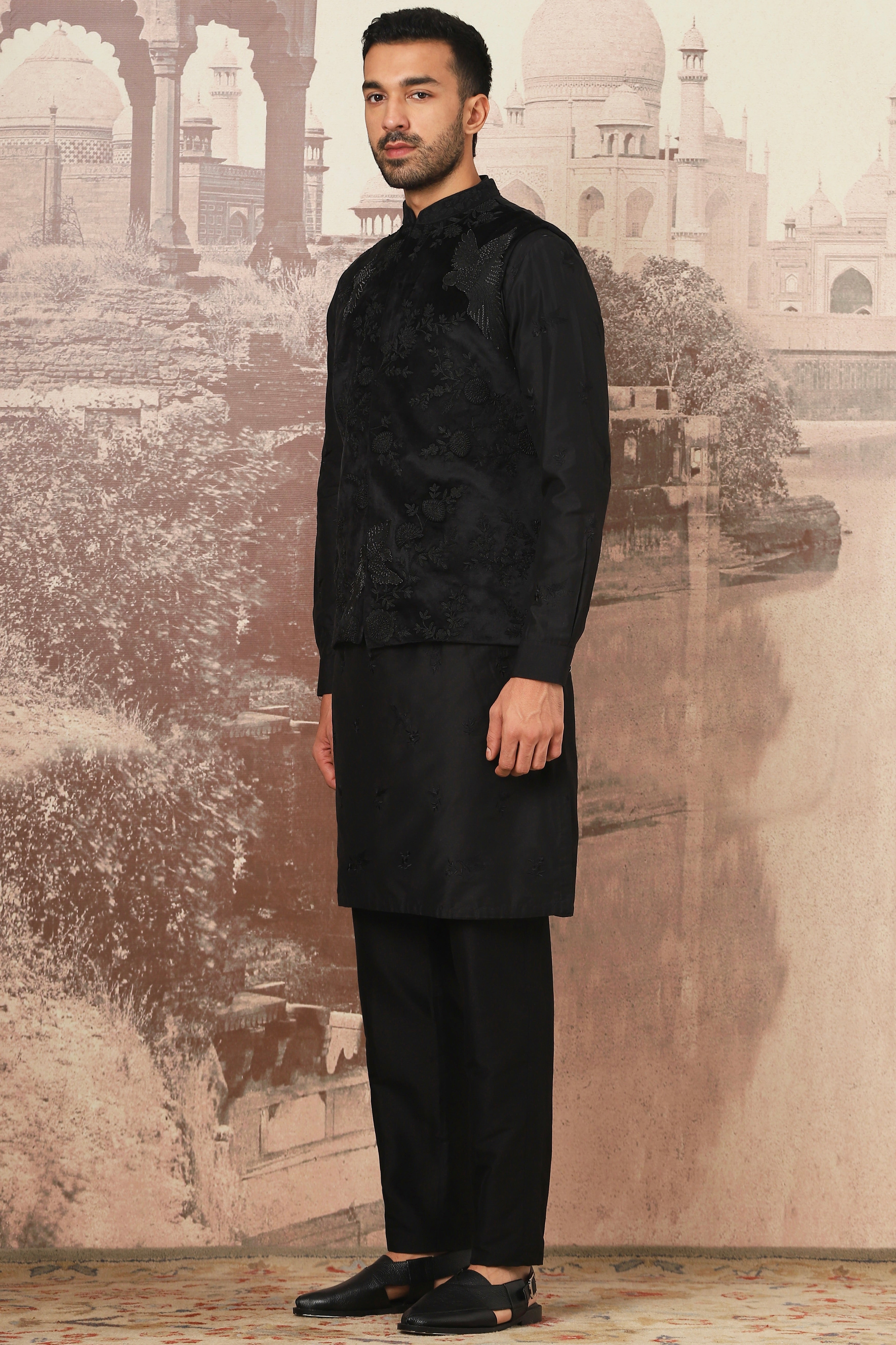 Black Kiran Dori Embroidery Kurta Bundi Set