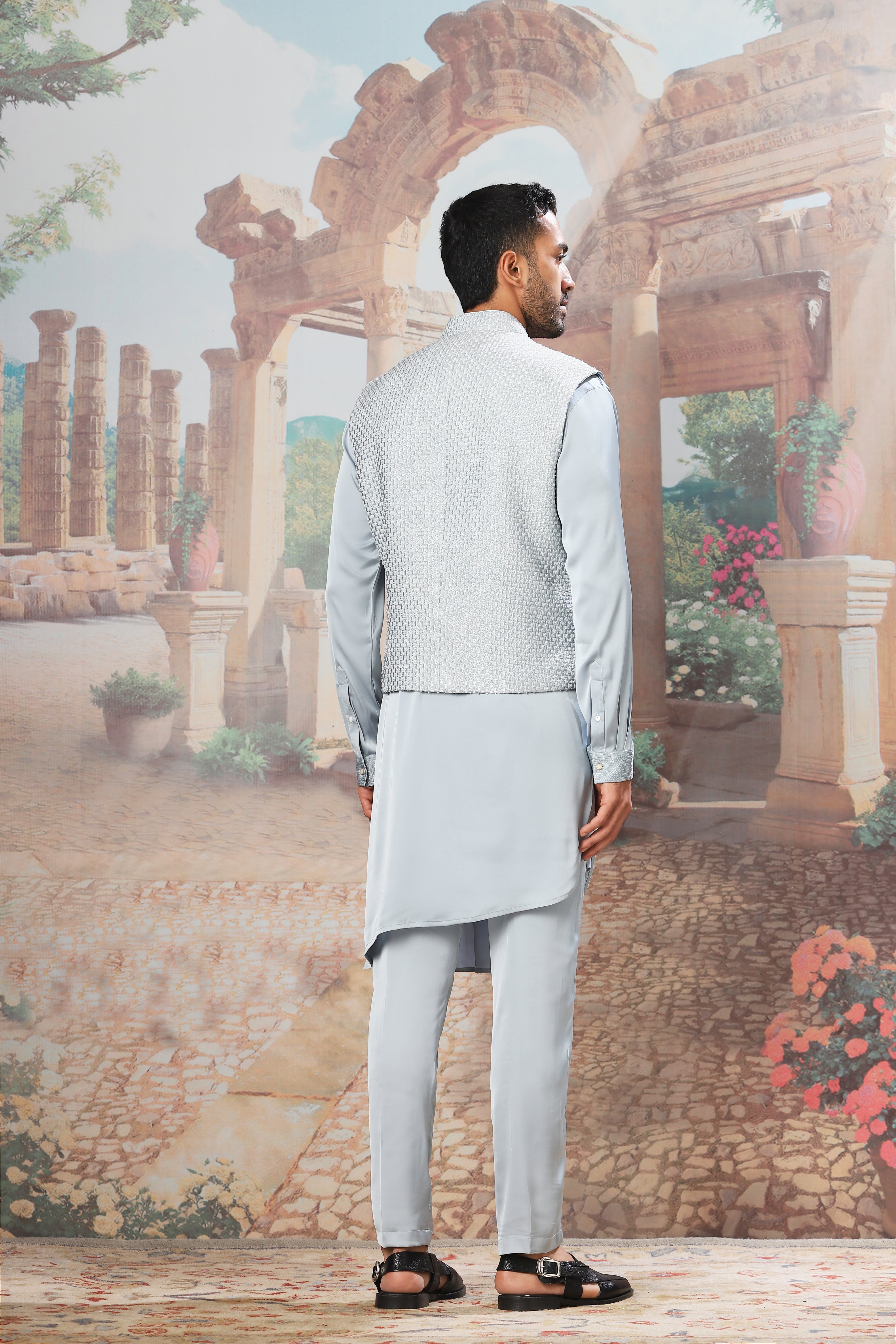 Sapphire Wave Velvet Embroidered Kurta Bundi Set