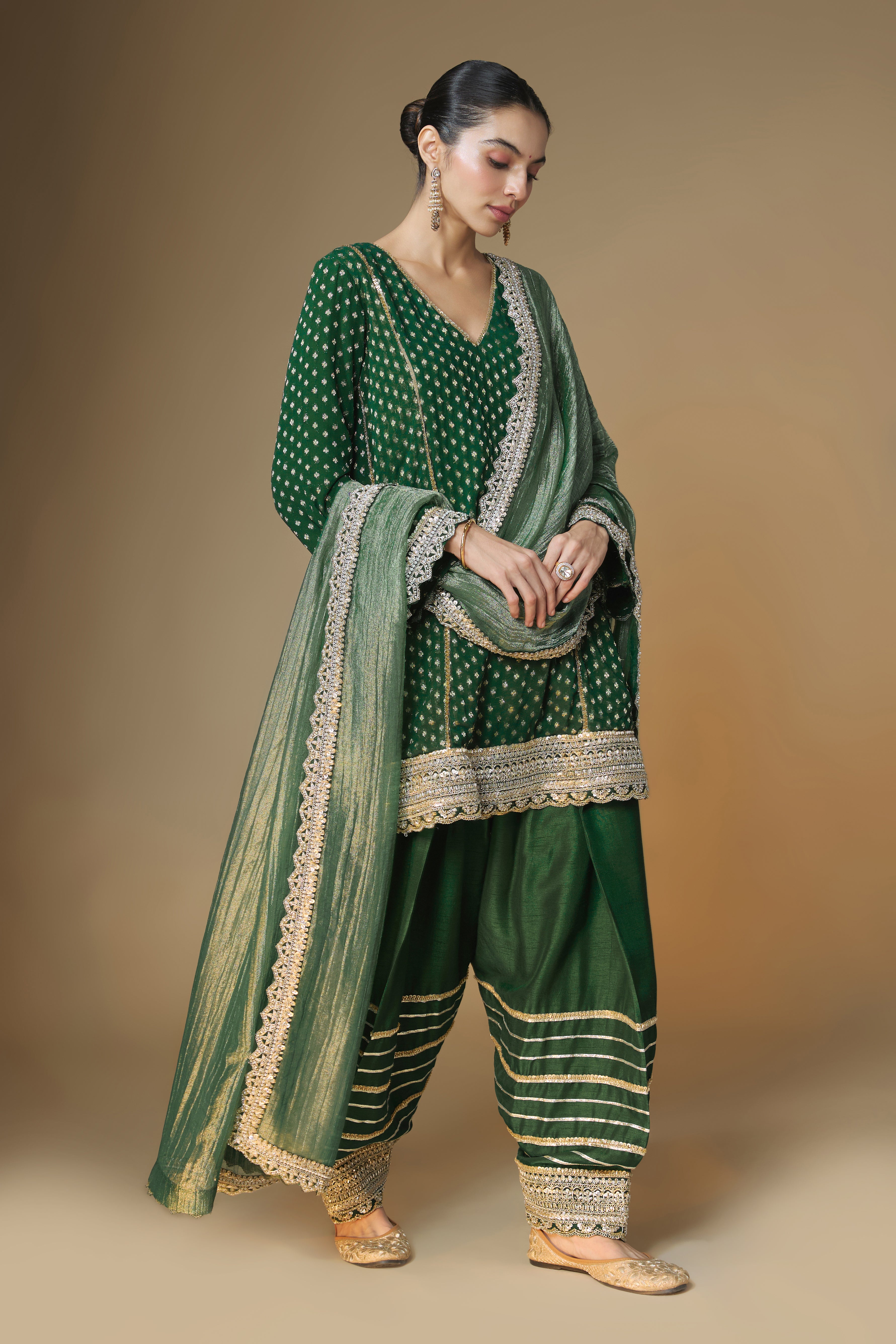 Emerald green choga kurta and farshi salwar set