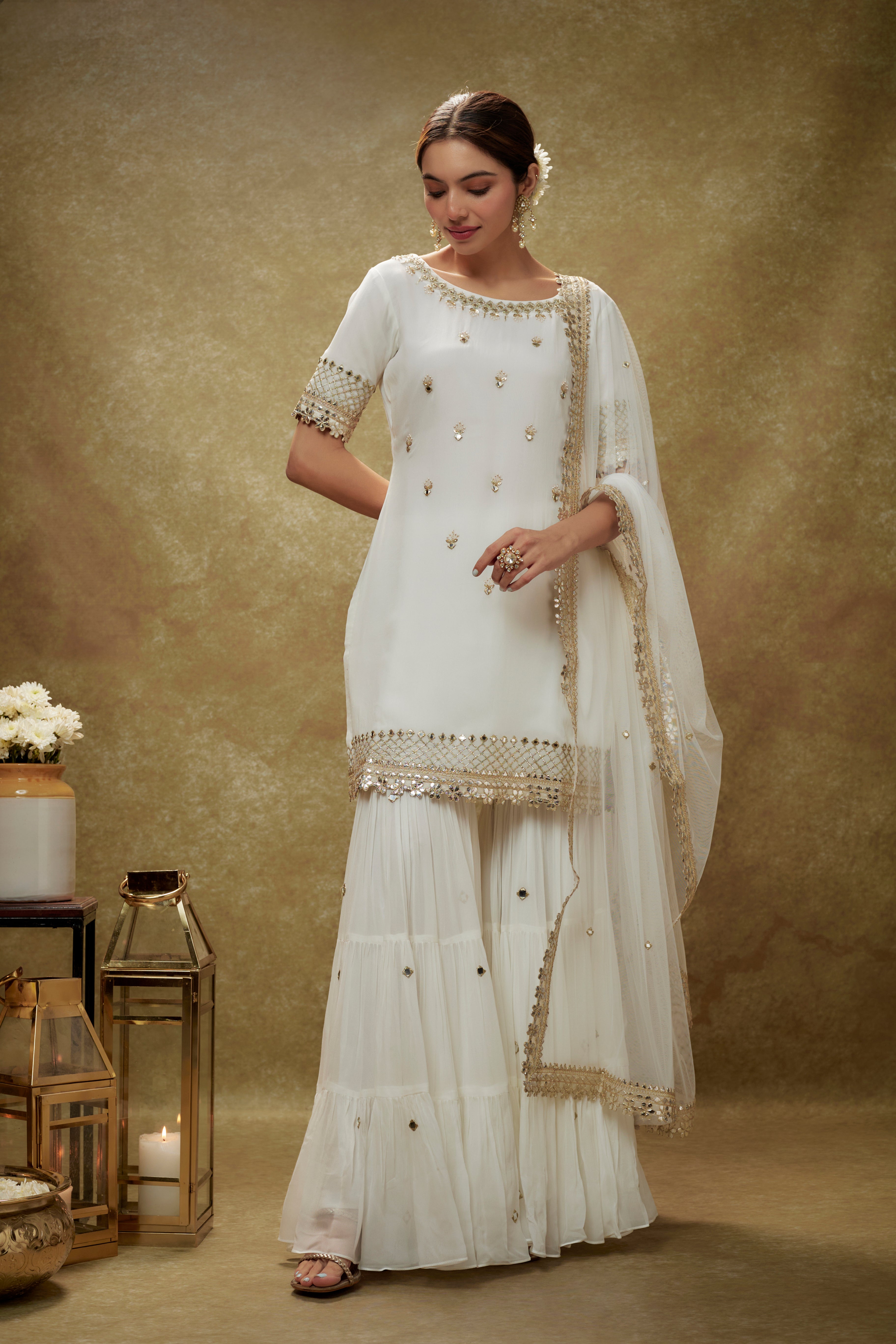 Ivory gota mirror sharara kurta set