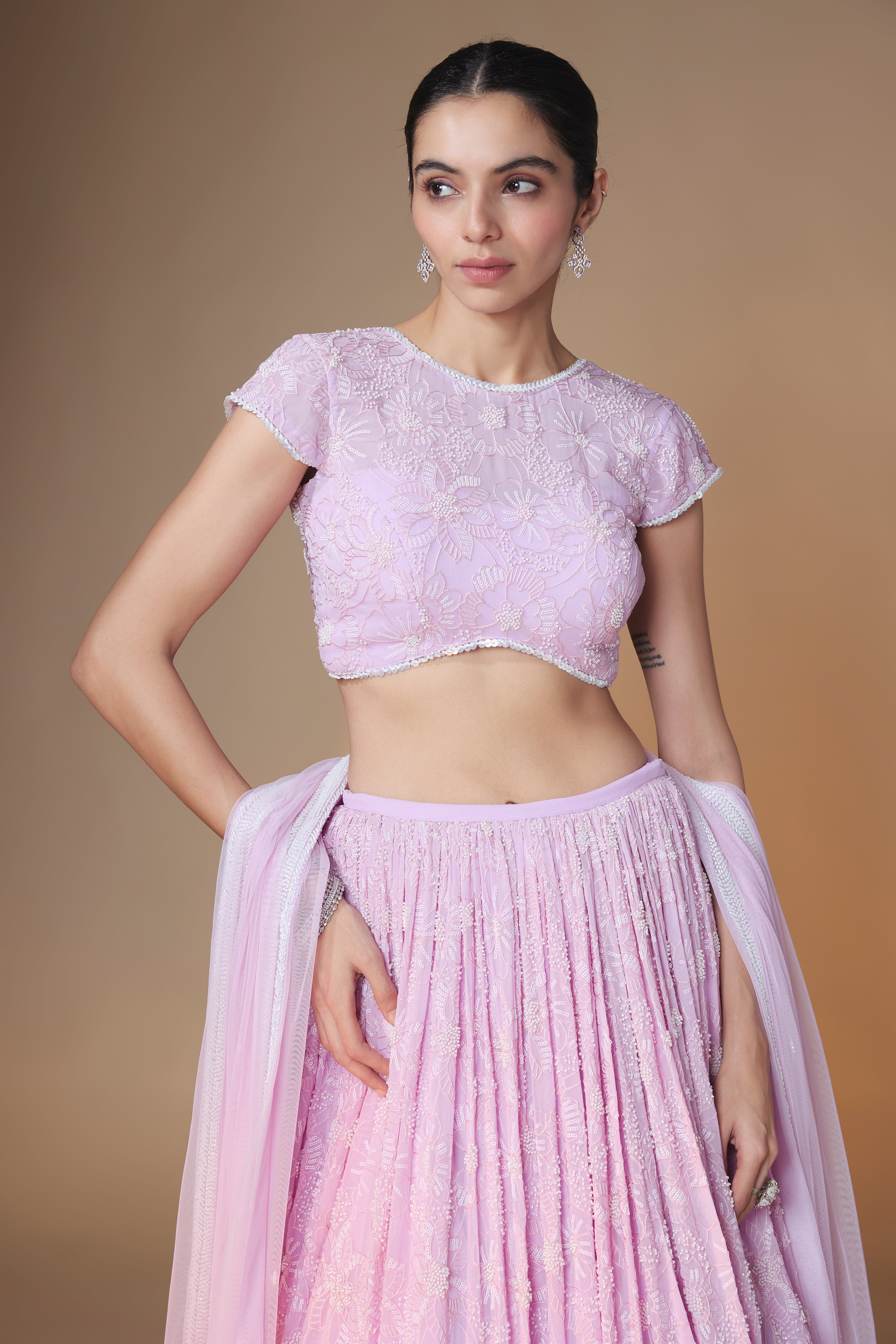 Lilac floral embroidered lehenga blouse set
