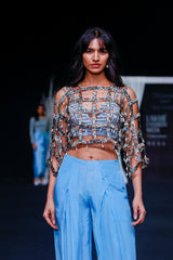 Powder blue ajrakh stripped jacket with embellished brallete and inverted pleated pants