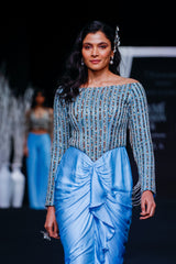 Powder blue embellished stripwork off shoulder drape dress