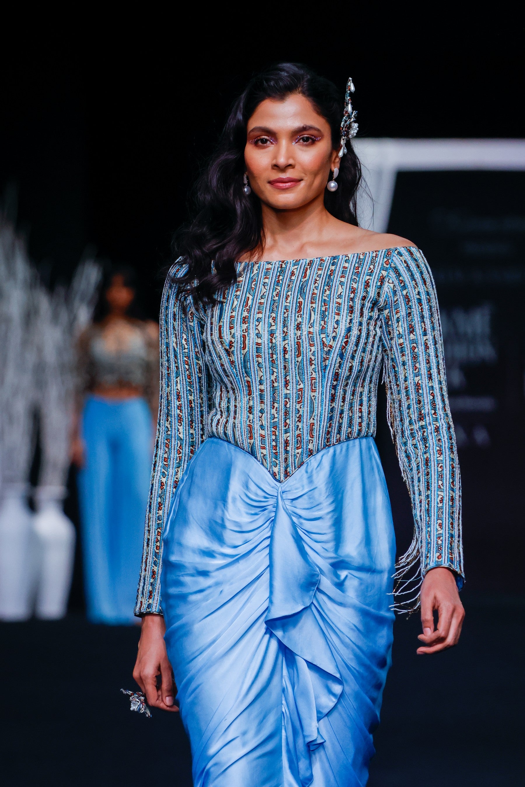 Powder blue embellished stripwork off shoulder drape dress