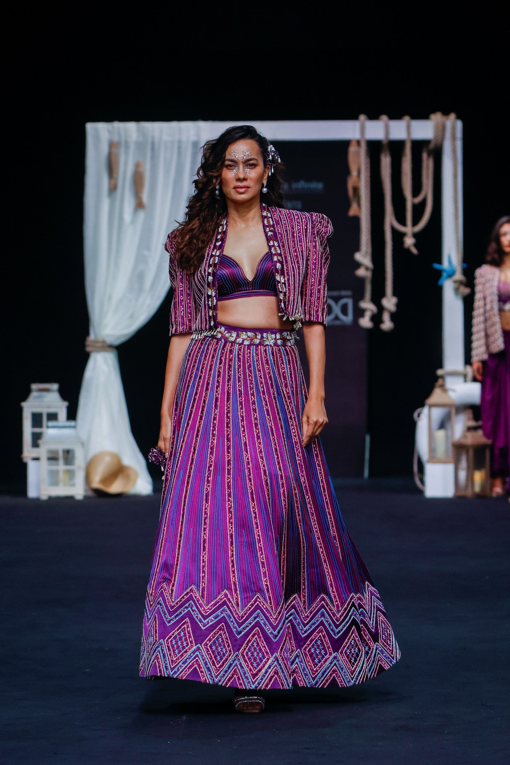 Dark purple Fully embellished Ajrakh lehenga and jacket with bralette