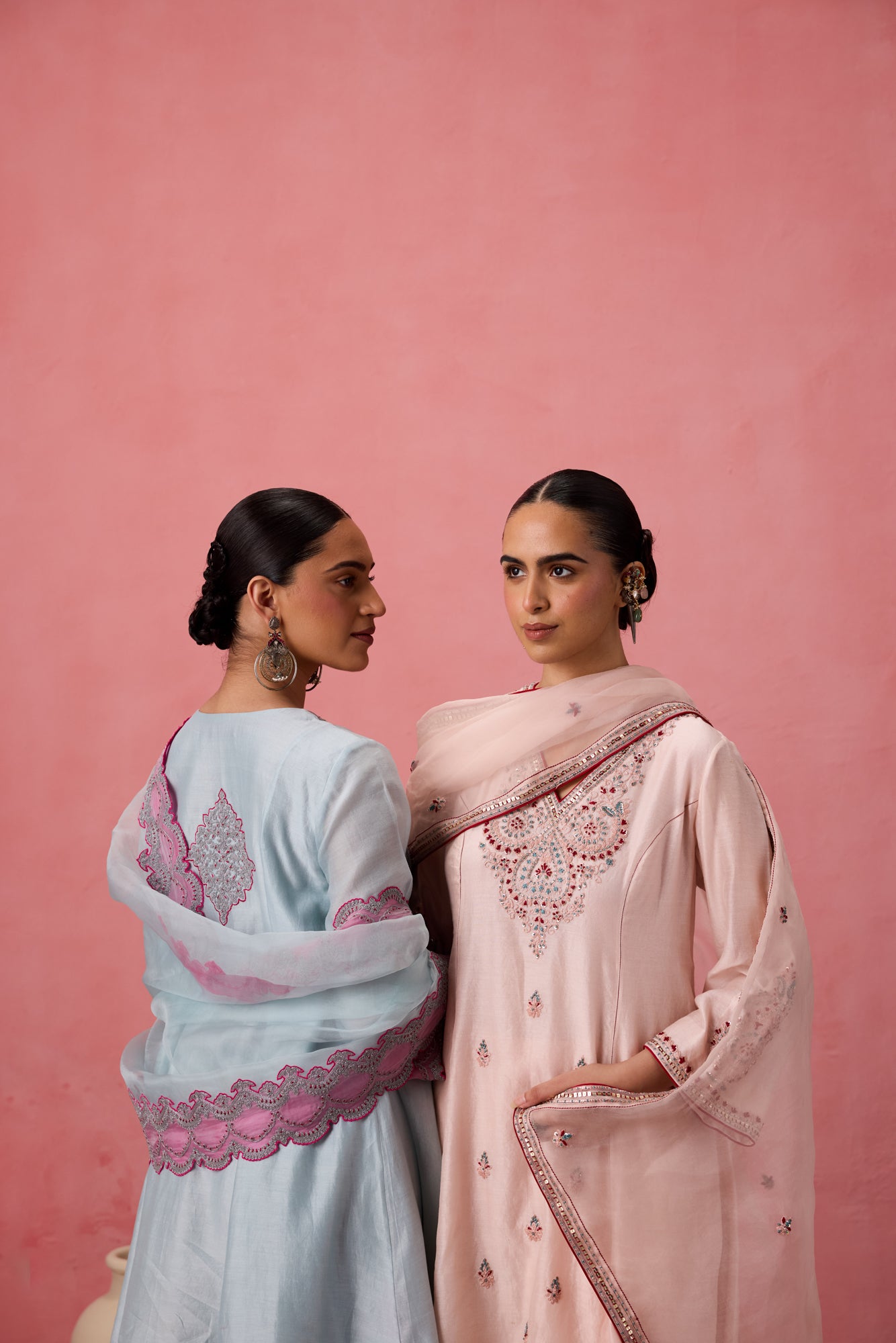 Sky blue chanderi dori work  floral and french knot embroidered kurta paired with pant & organza dupatta