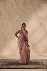 Rose gold organza heavy cutwork border embroidered saree comes with unstitched & unembroidered blouse fabric in chanderi